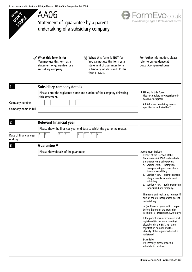 AA06 Statement of guarantee by a parent undertaking of a subsidiary company Sections 349A 448A and 479A preview