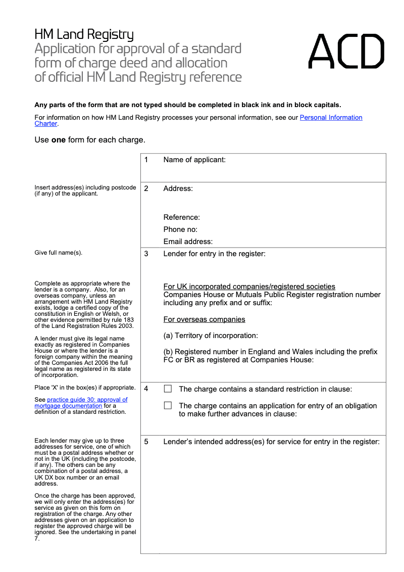 ACDX Application for approval of a standard form of charge deed and allocation of official HM Land Registry reference Word Version preview