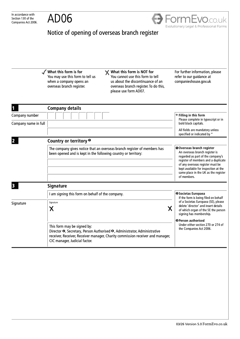 AD06 Notice of opening of overseas branch register Section 130 preview