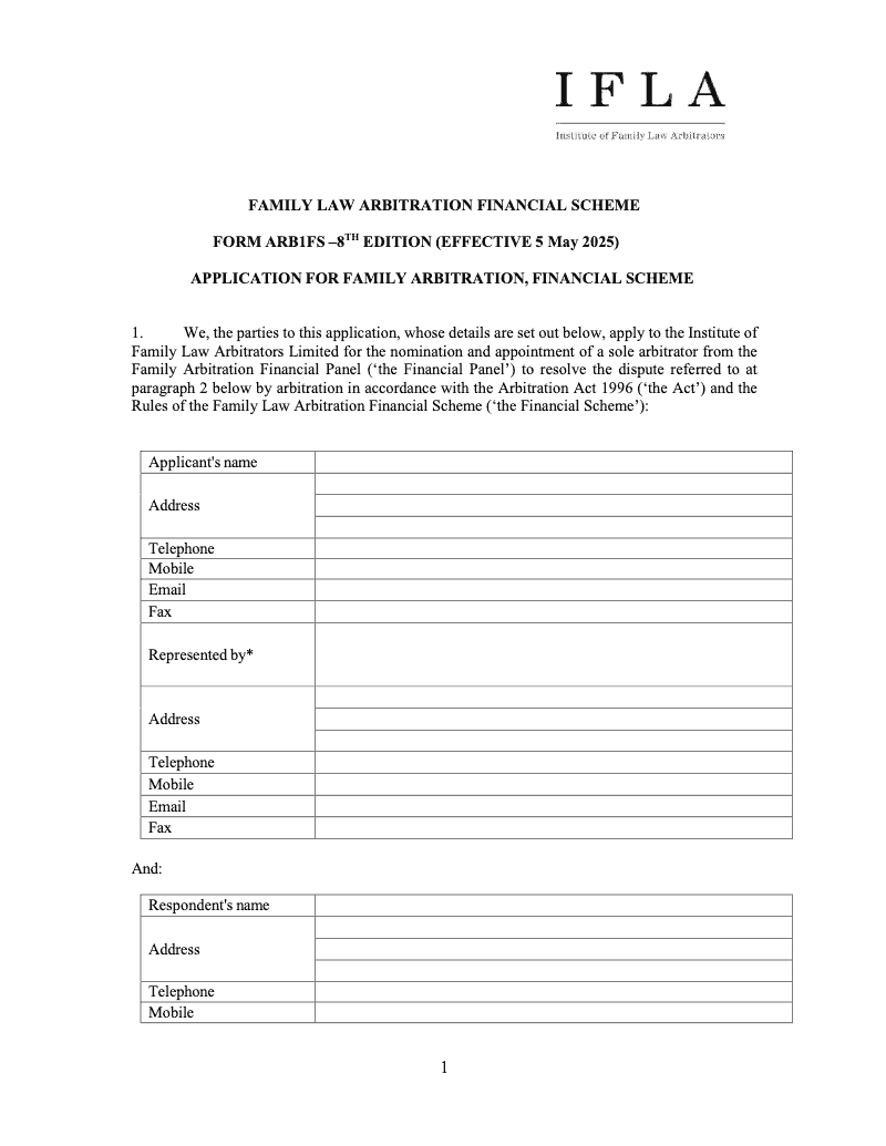 ARB1FS Application for family arbitration financial scheme electronic signature available preview
