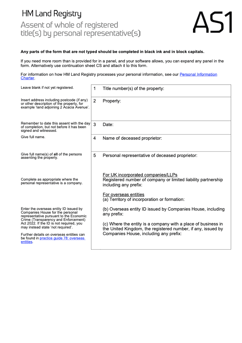AS1X Assent of whole of registered title s by personal representative s Word Version preview