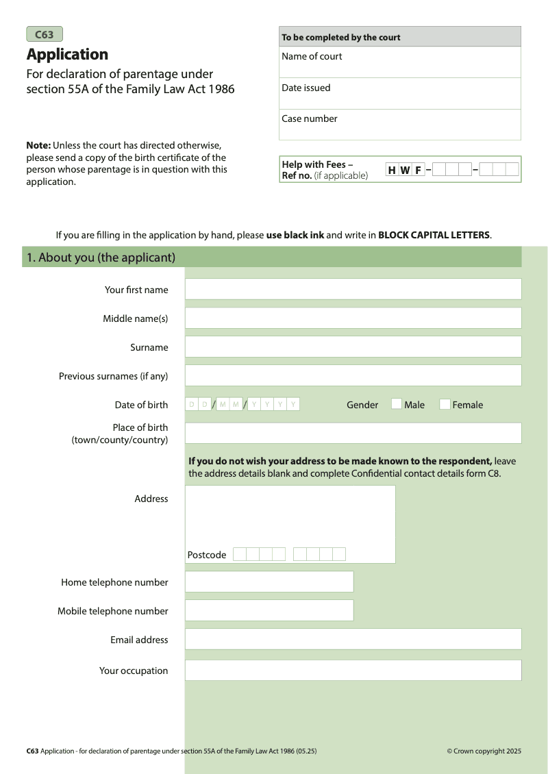C63 Application for declaration of parentage under section 55A of the Family Law Act 1986 preview