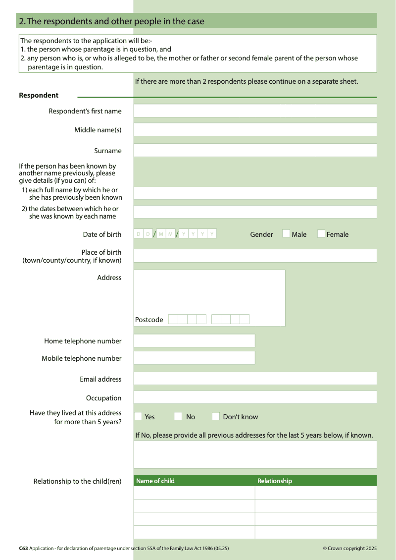C63 Continuation Page Continuation page additional respondents Form C63 Application for declaration of parentage under section 55A of the Family Law Act 1986 preview