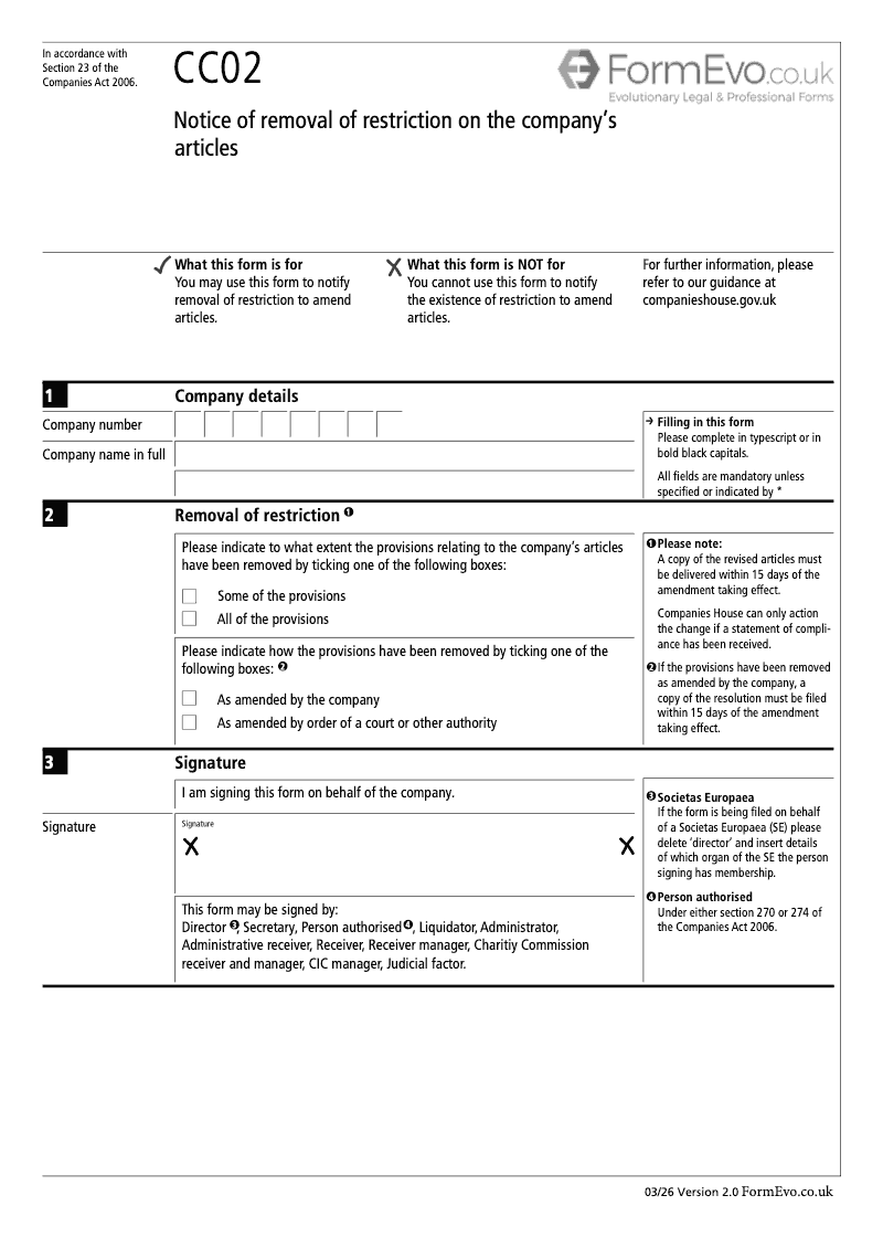 CC02 Notice of removal of restriction on the company s articles Section 23 preview