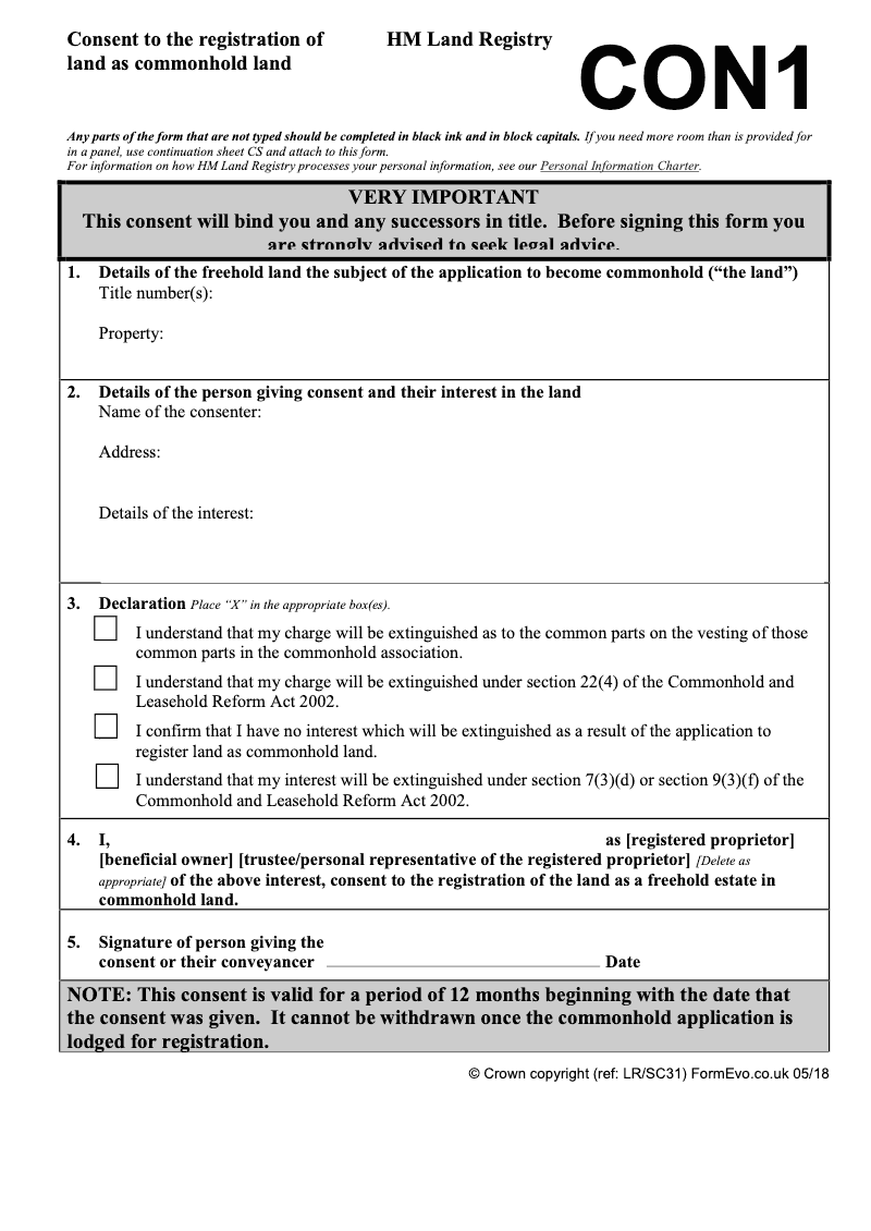 CON1 Consent to the registration of land as commonhold land preview