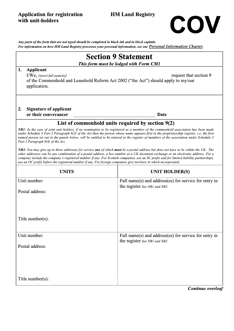 COV Application for registration with unit holders preview