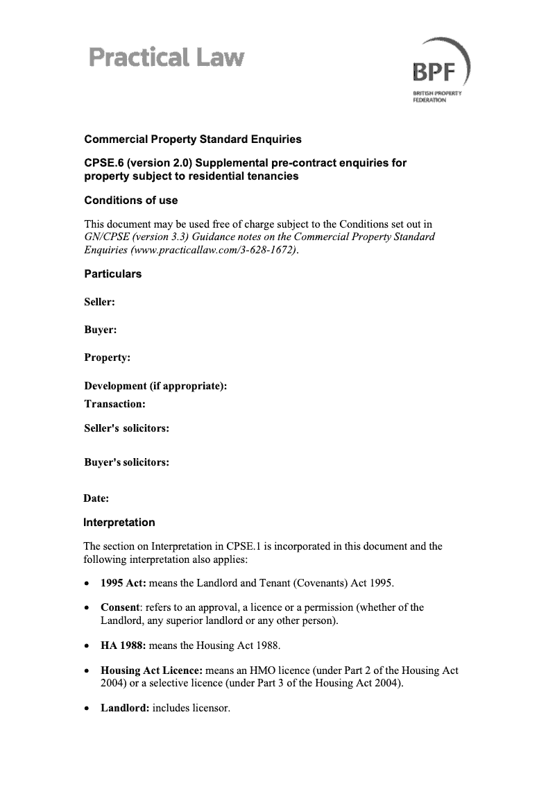 CPSE6 Supplemental Pre Contract Enquiries for Property Subject to Residential Tenancies preview