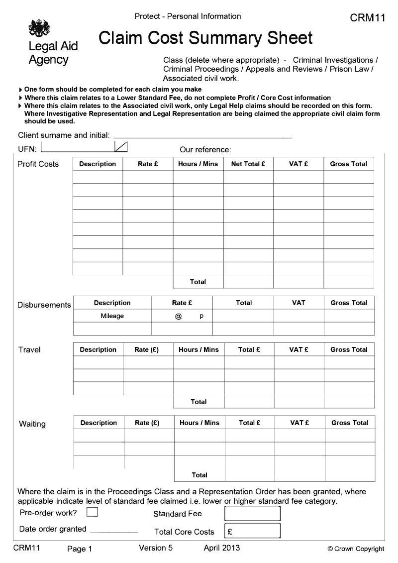 CRM11 Claim cost summary sheet preview