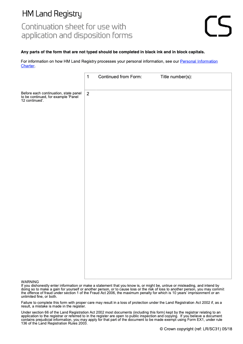 CS Continuation sheet for use with application and disposition forms Land Registry forms only preview