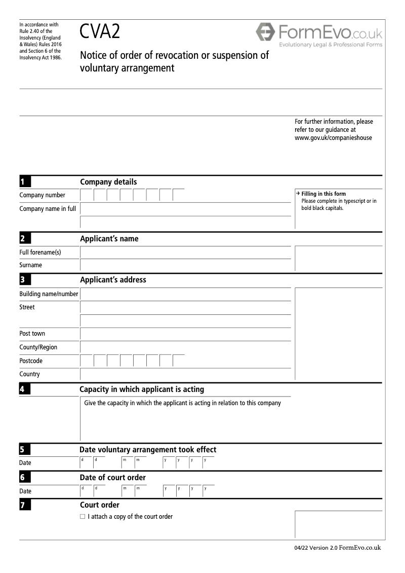 CVA2 Notice of order of revocation or suspension of voluntary arrangement Rule 2 40 preview
