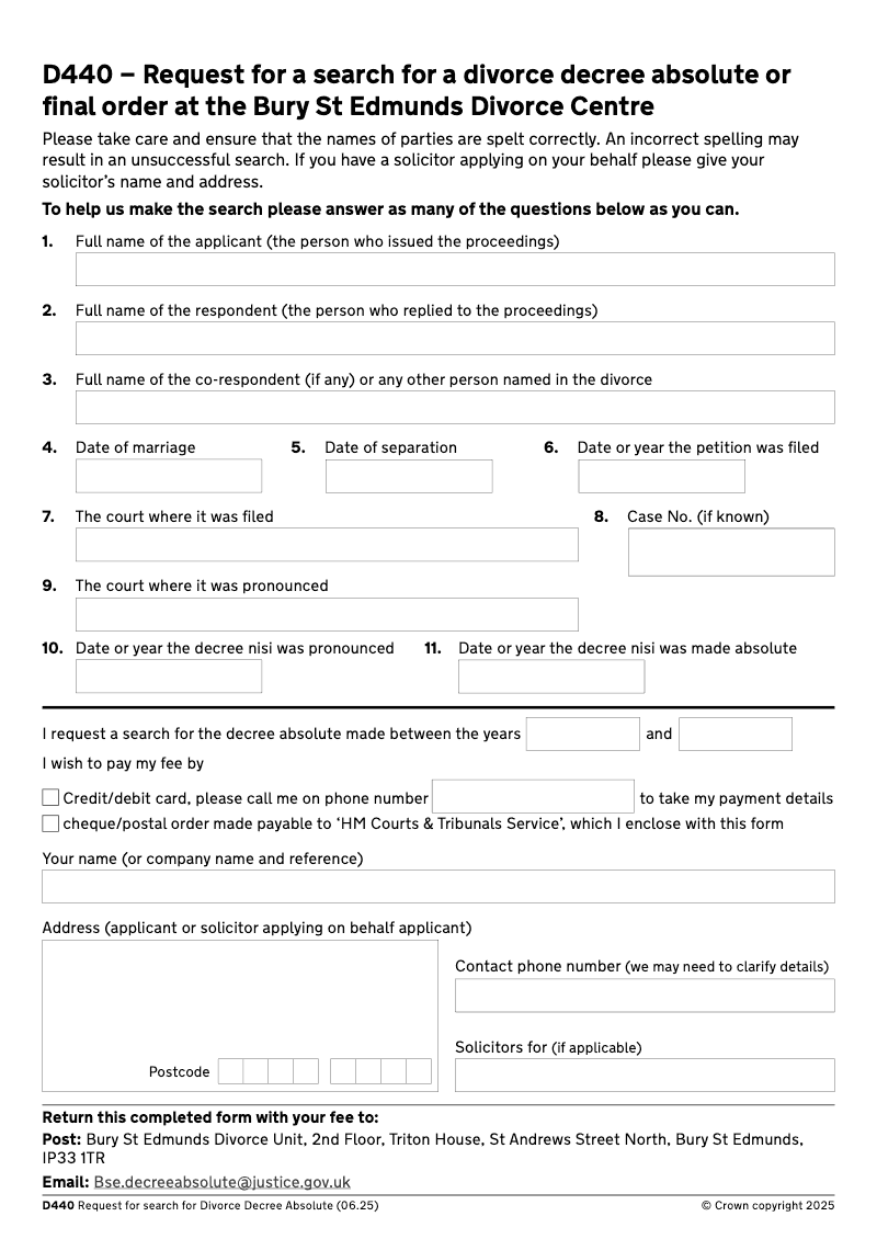 D440 Request for search for Divorce Decree Absolute preview