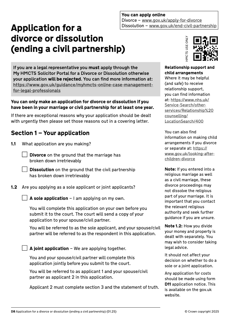 D8 Application for a Divorce or Dissolution ending a civil partnership electronic signature available preview