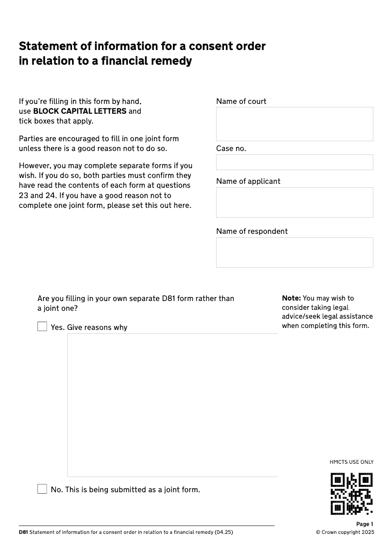 D81 MutualConsent Statement of information for a consent order in relation to a financial remedy DIV32 electronic signature by BOTH Applicant and Respondent preview