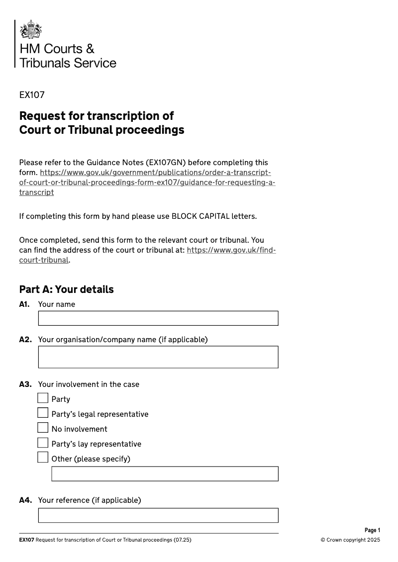 EX107 Request for transcription of Court or Tribunal proceedings preview
