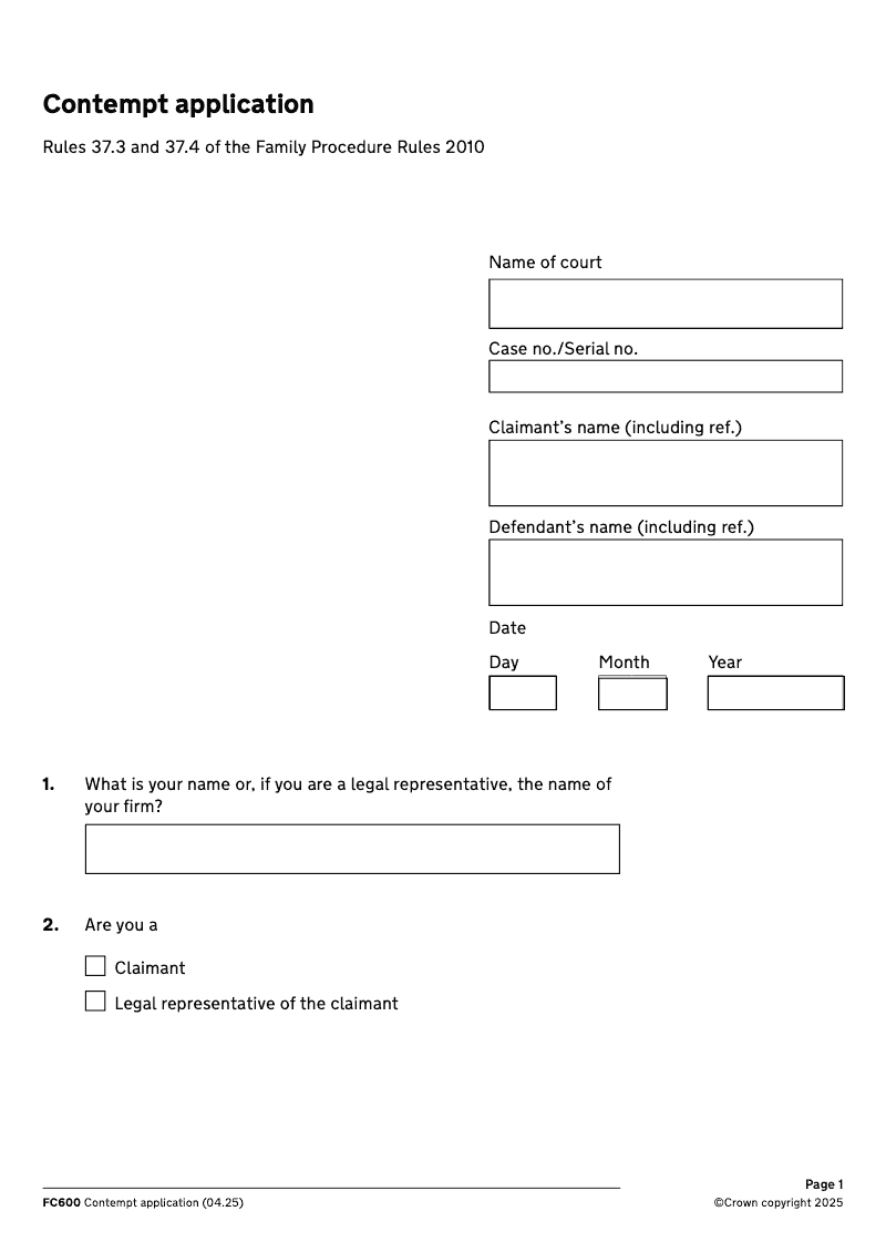 FC600 Contempt application Rules 37 3 and 37 4 of the Family Procedure Rules 2010 preview