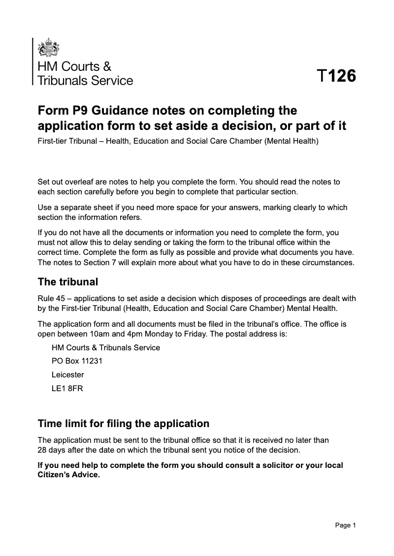FormP9 Guidance Form P9 Guidance notes on completing the application form to set aside a decision or part of it preview