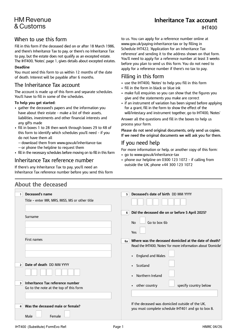 IHT400 Inheritance Tax account preview