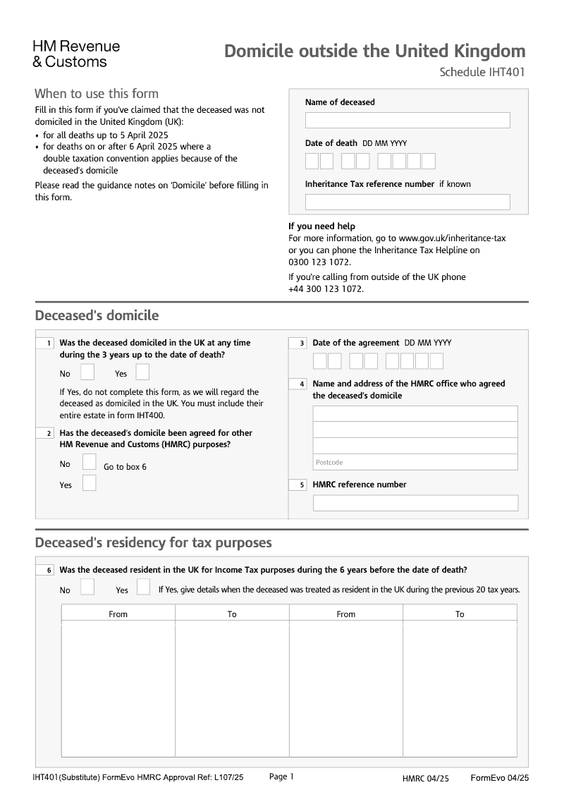 IHT401 Domicile outside the United Kingdom Schedule IHT401 preview
