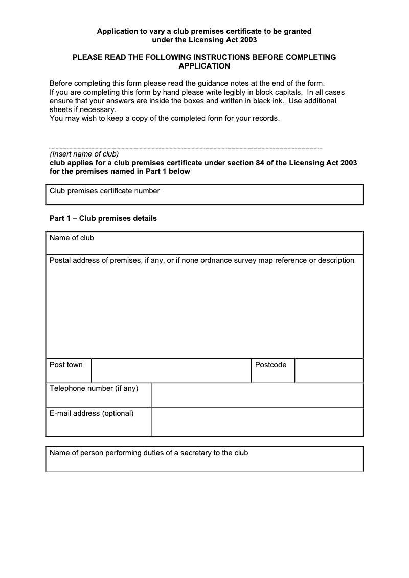 LIC18 SCHE10 Application to vary a club premises certificate to be granted under the Licensing Act 2003 Schedule 10 preview