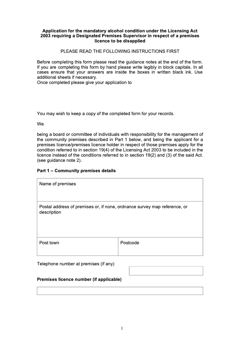 LIC27 Application for the mandatory alcohol condition under the Licensing Act 2003 requiring a Designated Premises Supervisor in respect of a premises licence to be disapplied preview