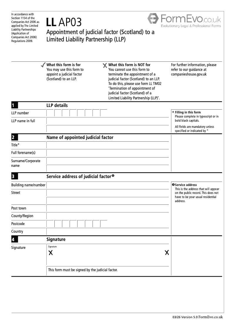LL AP03 Appointment of judicial factor Scotland to a Limited Liability Partnership LLP