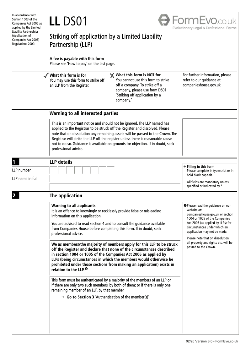 LL DS01 Striking off application by a Limited Liability Partnership LLP Section 1003