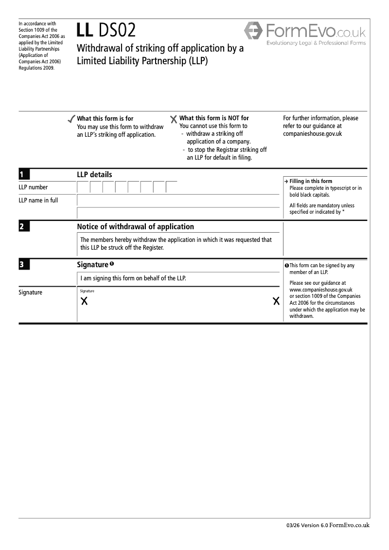 LL DS02 Withdrawal of striking off application by a Limited Liability Partnership LLP Section 1009