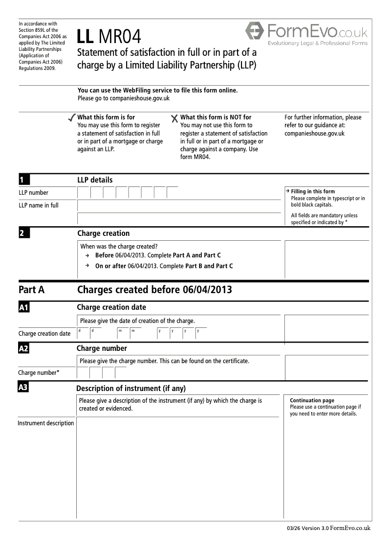 LL MR04 P Statement of satisfaction in full or in part of a charge by a Limited Liability Partnership LLP Section 859L preview