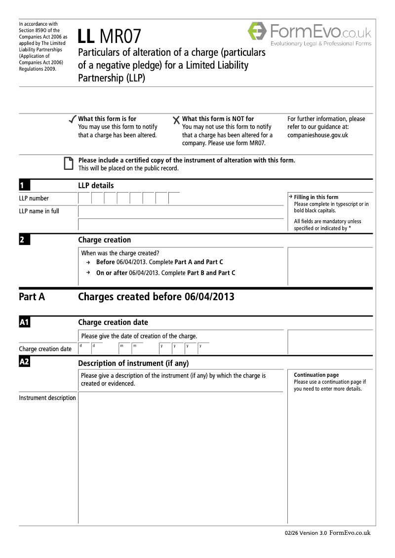 LL MR07 Particulars of alteration of a charge particulars of a negative pledge for a Limited Liability Partnership LLP Section 859O preview