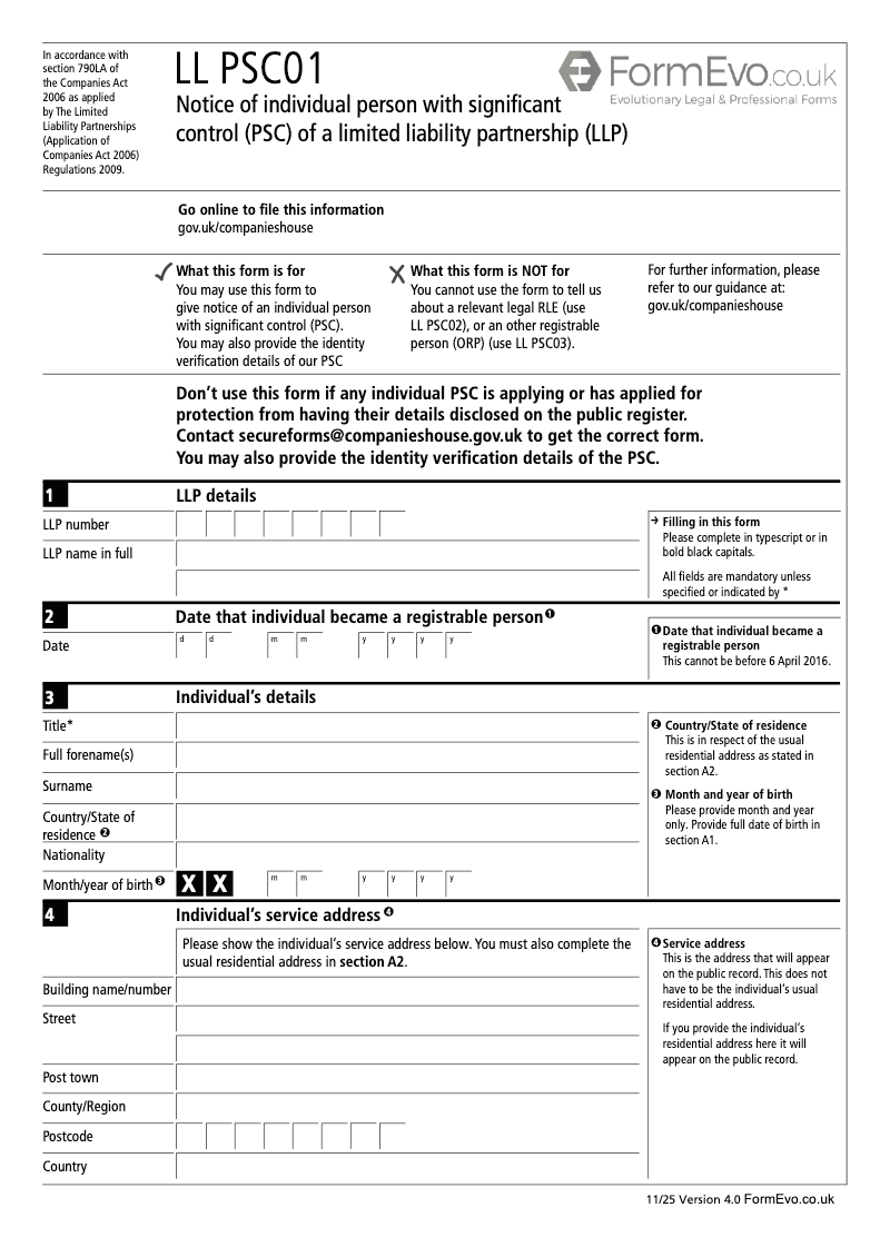 LL PSC01 Notice of individual person with significant control PSC of a limited liability partnership LLP Section 790K and 790ZA of the Companies Act 2006 preview