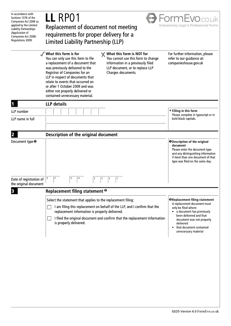 LL RP01 Replacement of document not meeting requirements for proper delivery for a Limited Liability Partnership LLP preview