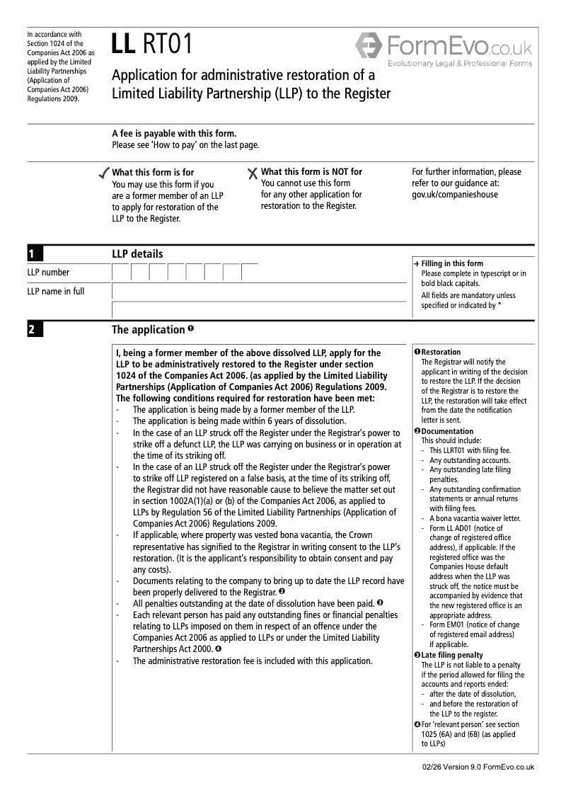LL RT01 Application for administrative restoration of a Limited Liability Partnership LLP to the Register preview