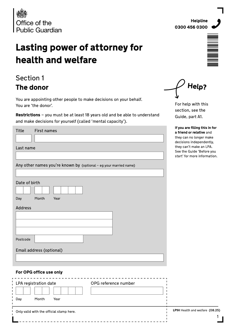 LP1H Lasting power of attorney health and care decisions preview