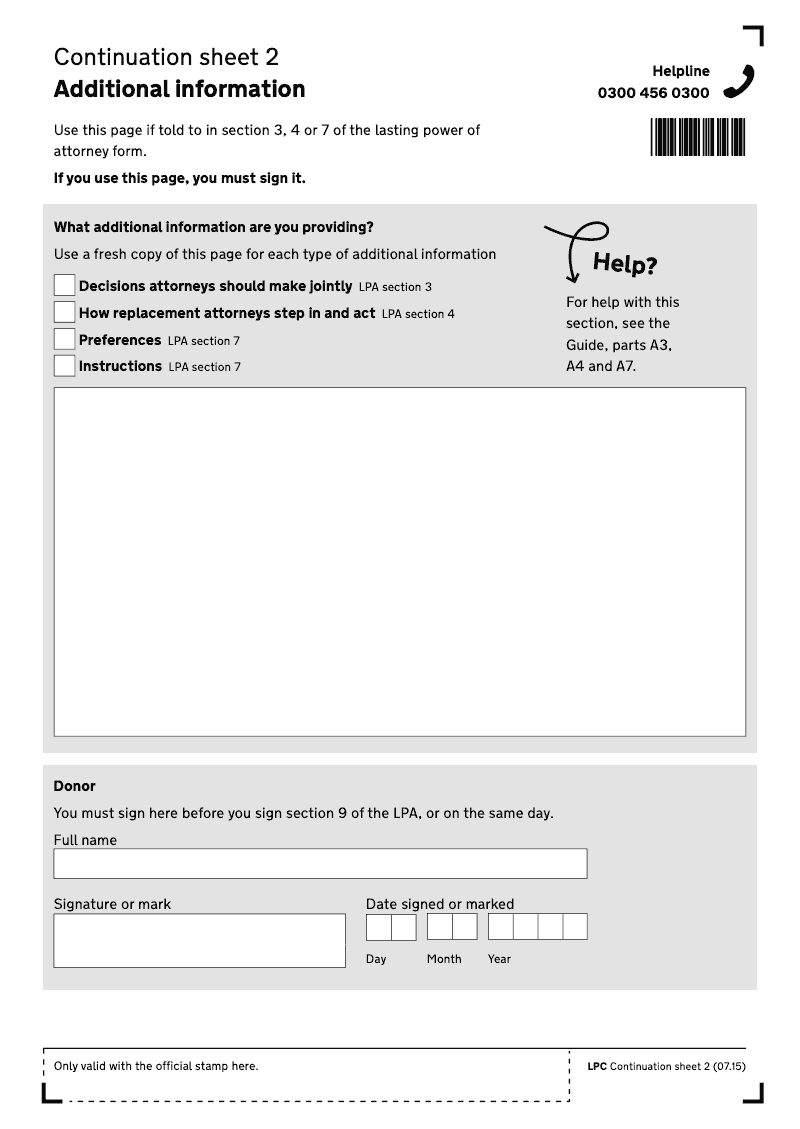 LPC Continuation Sheet 2 Continuation sheet for additional information lasting power of attorney LPA preview