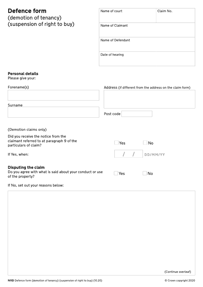 N11D Defence form demotion of tenancy suspension of right to buy preview