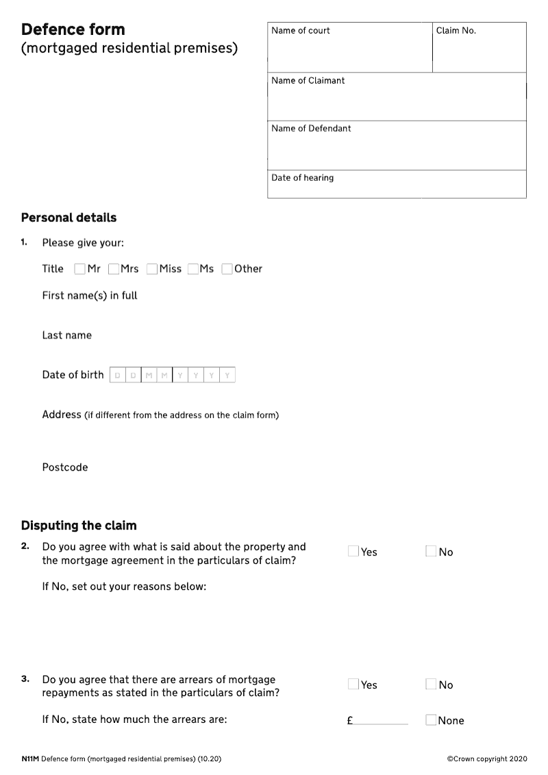 N11M Defence form mortgaged residential premises preview
