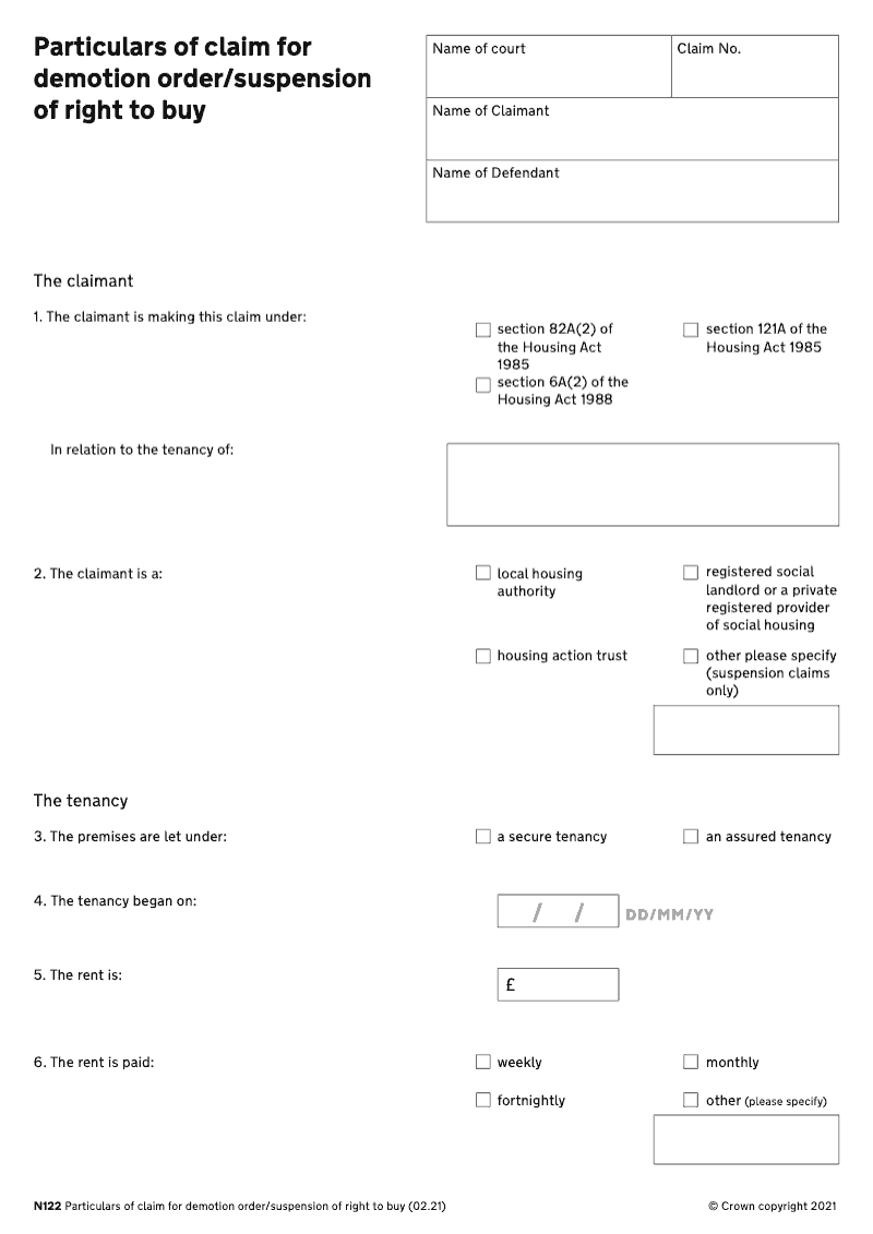 N122 Particulars of claim for demotion order suspension of right to buy preview