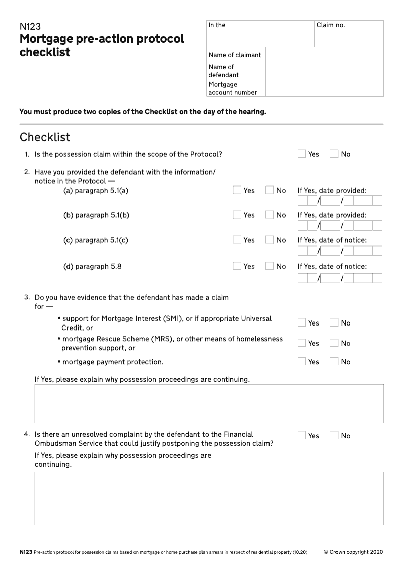 N123 Mortgage pre action protocol checklist preview
