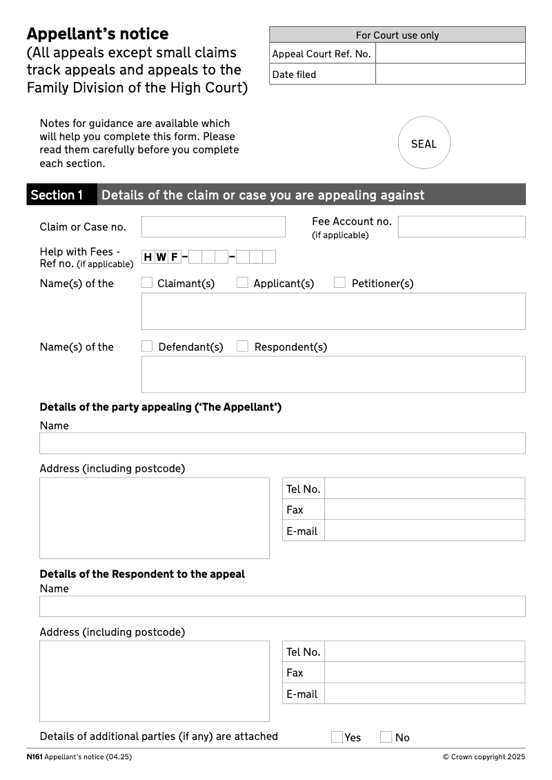 N161 Appellant s notice All appeals except small claims track appeals preview