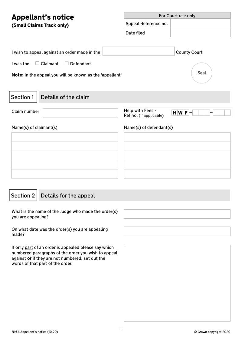 N164 Appellant s notice Small Claims Track only prevew