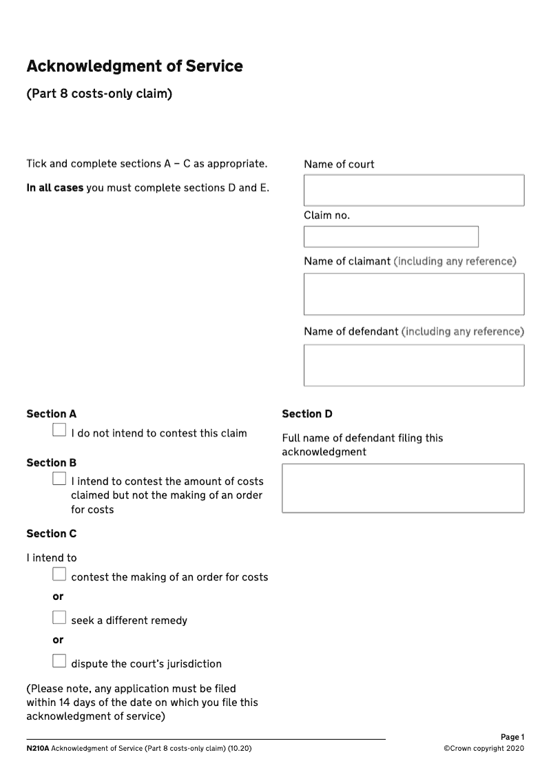 N210A Acknowledgment of service Part 8 costs only claim preview