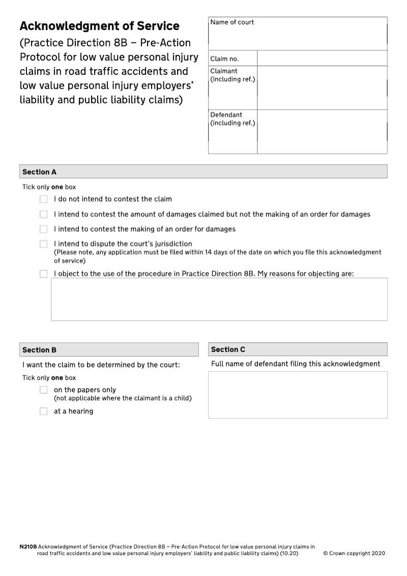 N210B Acknowledgment of service Practice Direction 8B Pre Action Protocol for low value Personal Injury claims in Road Traffic Accidents preview