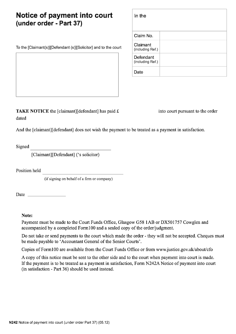 N242 Notice of payment into court under order Part 37 preview