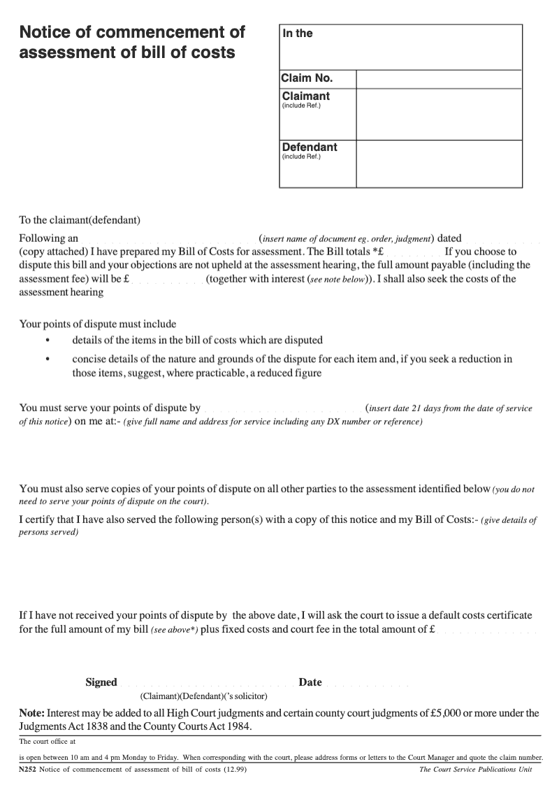 N252 Notice of commencement of assessment of bill of costs preview