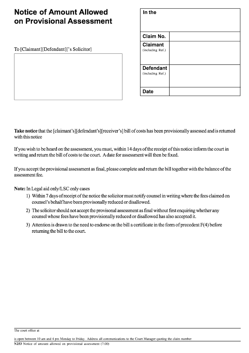 N253 Notice of amount allowed on provisional assessment preview