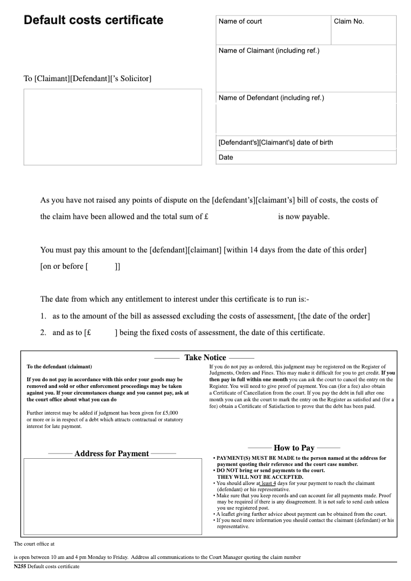 N255 Default costs certificate County Court preview