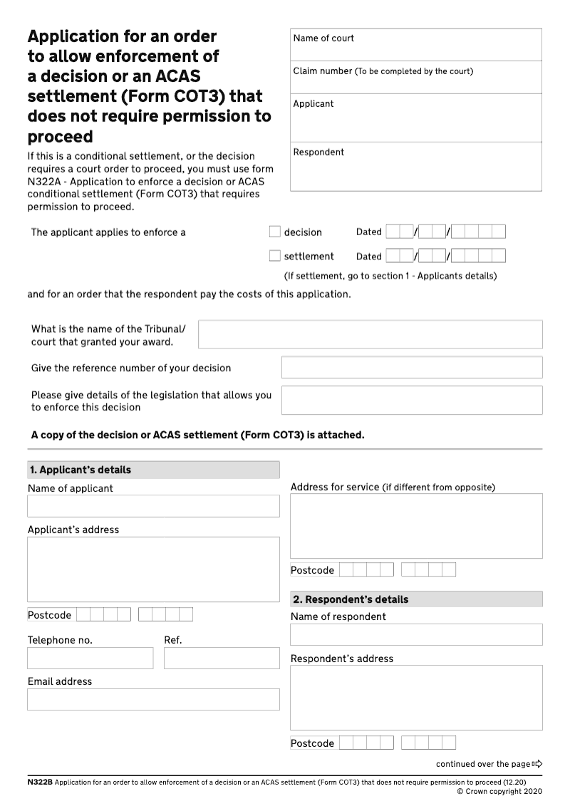 N322B Application for an order to allow enforcement of a decision or an ACAS settlement Form COT3 that does not require permission to proceed preview