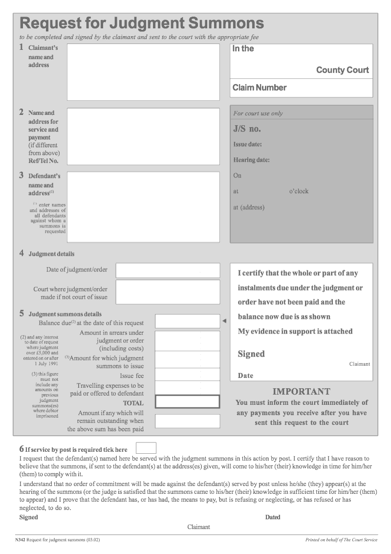 N342 Request for Judgment Summons preview