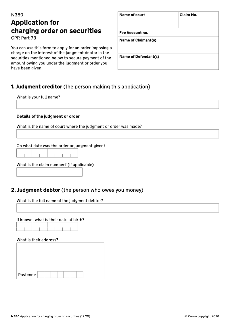 N380 Application for charging order on securities CPR Part 73 preview
