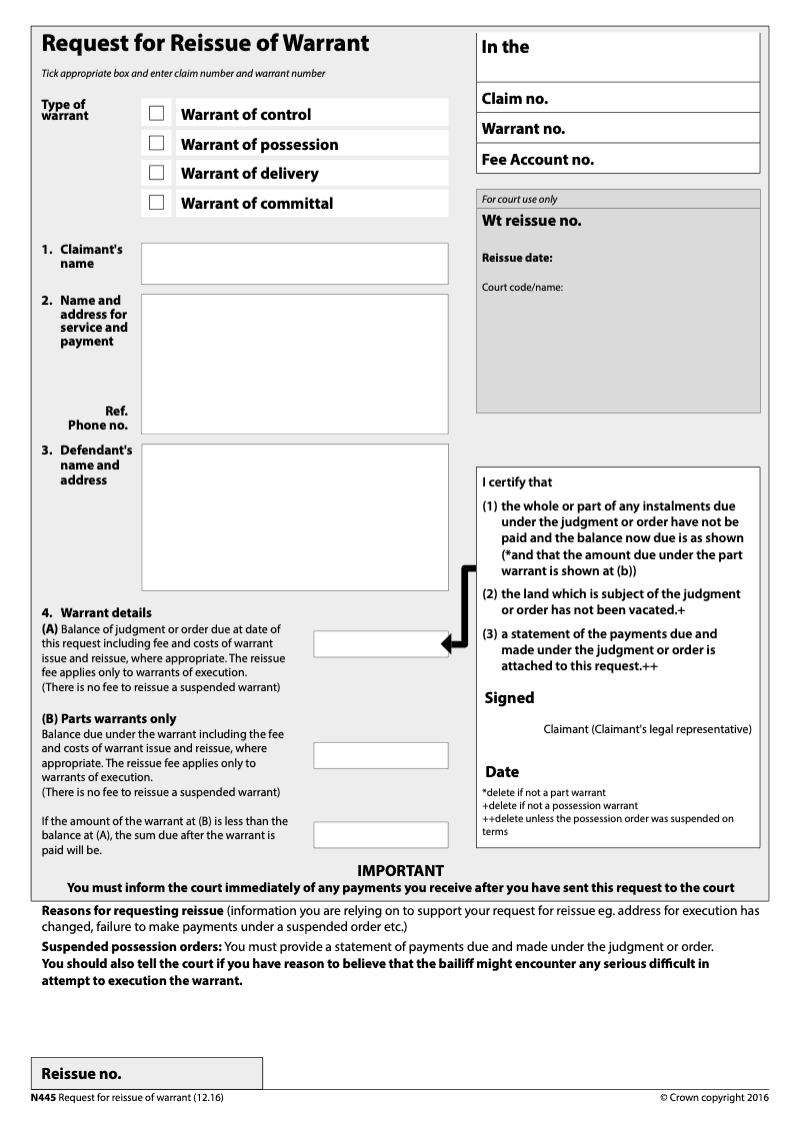 N445 Request for Reissue of Warrant preview